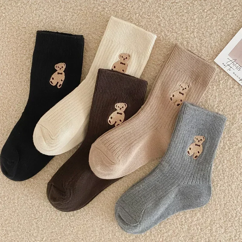 Calcetines media caña algodón suave para niños con bordado de oso