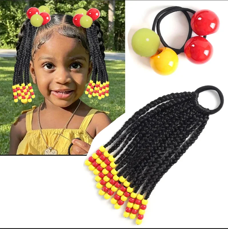 Trenza sintética negra con cuentas grandes, estilo infantil
