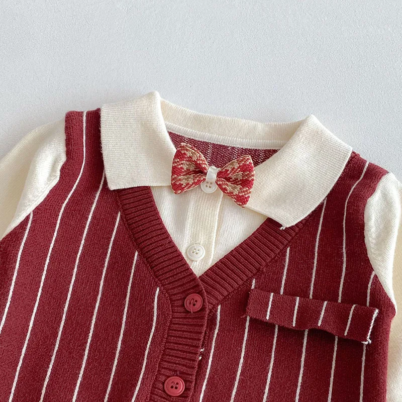 MILANCEL conjunto otoñal de punto rojo a rayas verticales - imagen 3