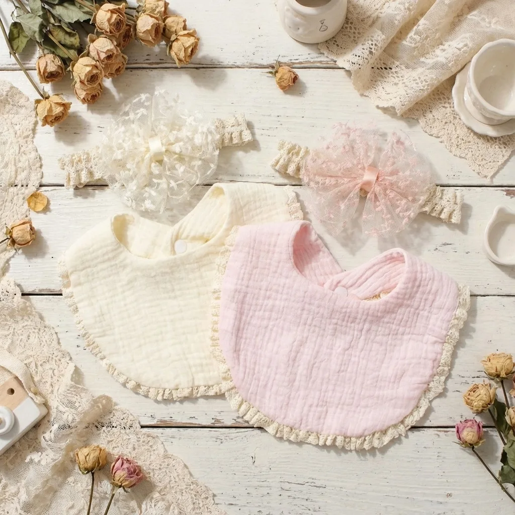 Baberos de bebé con diademas encaje lazo estilo princesa