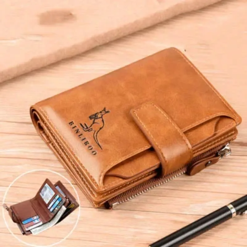Cartera de cuero genuino con RFID para hombre y cremallera portátil