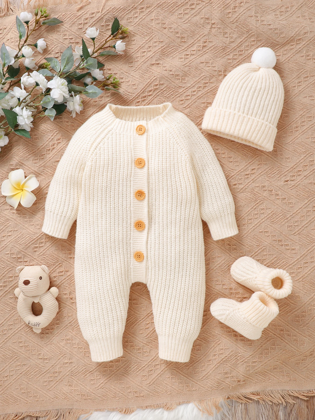 Pelele de punto con gorro para bebé – Conjunto de invierno cálido