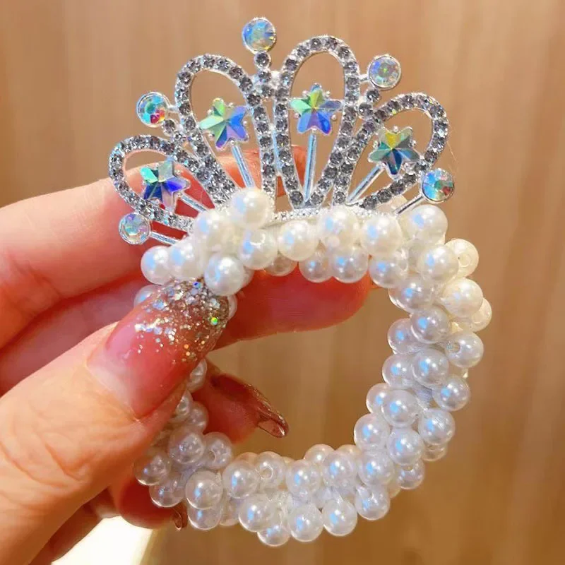 Corona de princesa con perlas y lazos elásticos para niñas - imagen 3