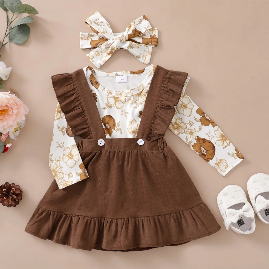 Conjunto bebé niña top floral manga larga y falda marrón con tirantes