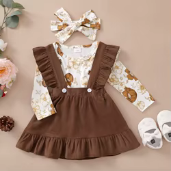 Conjunto bebé niña top floral manga larga y falda marrón con tirantes