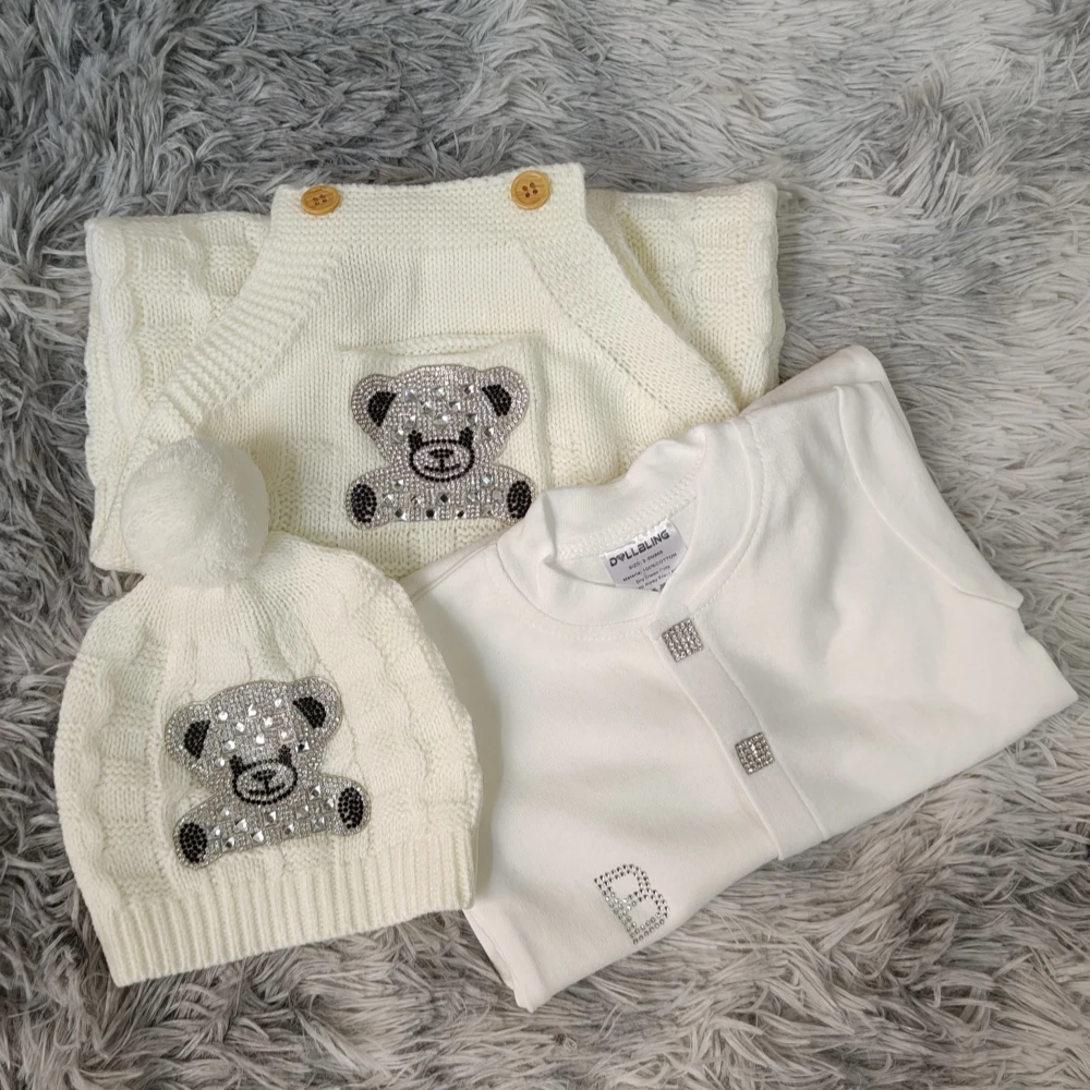 Conjunto de punto de bebé crema con mono y gorro de oso peluche suave - imagen 2