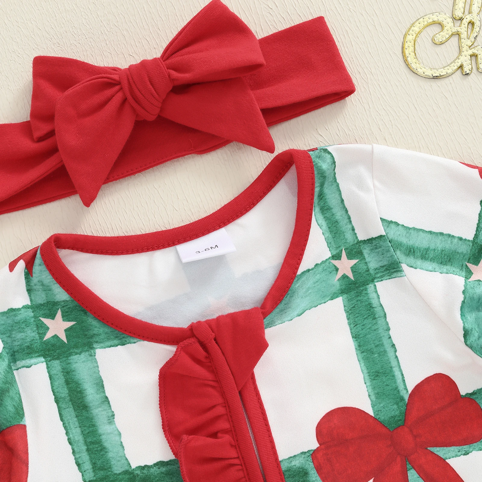 Tregren mameluco de Navidad para bebé niña con lazo y diadema