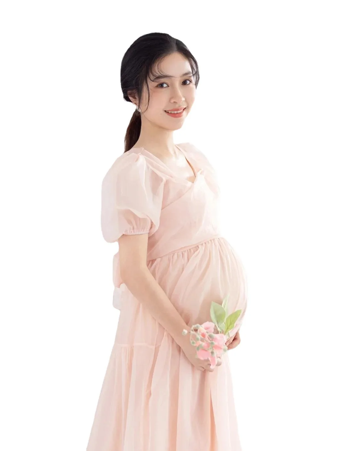 Vestido de maternidad rosa con malla manga corta para sesión de fotos - imagen 3