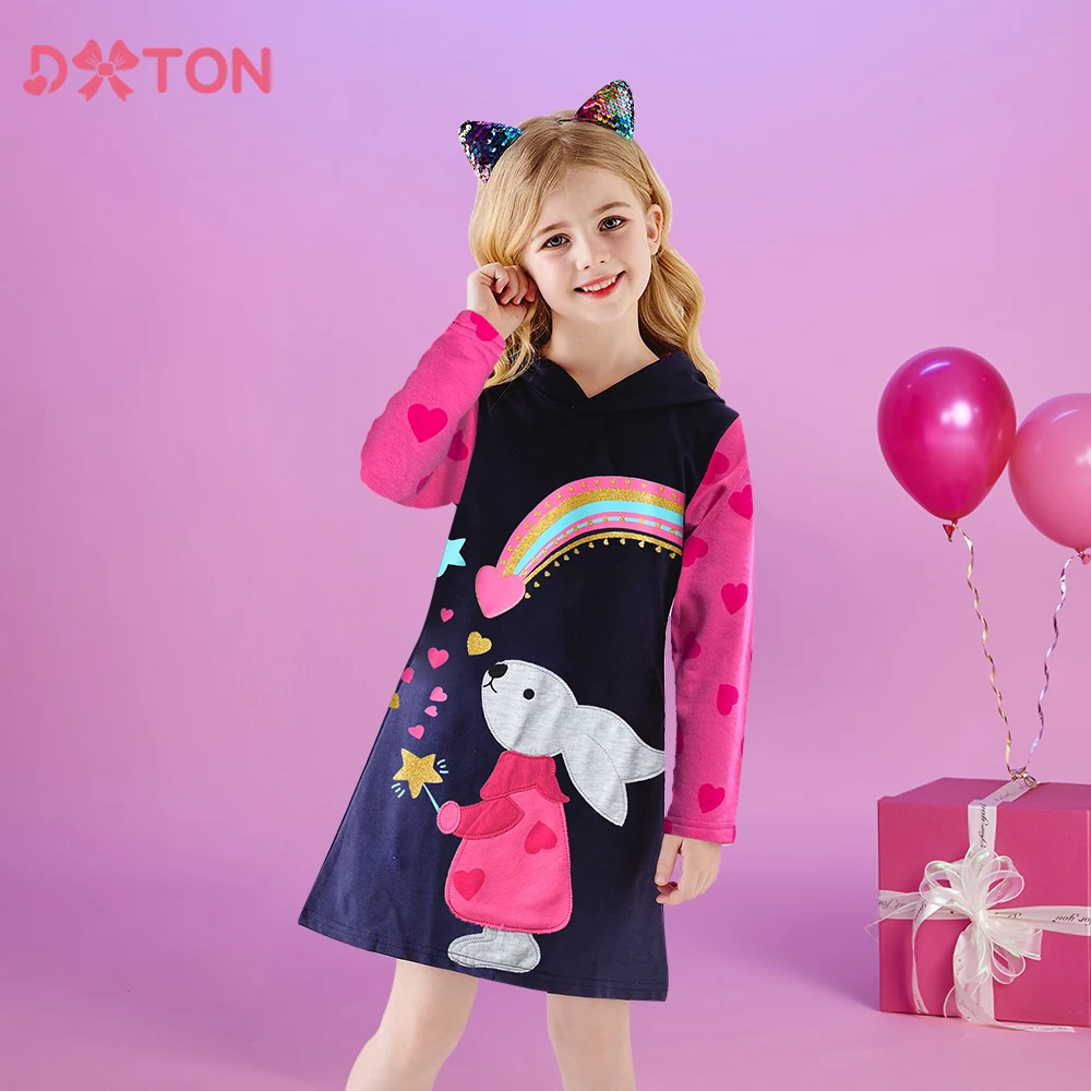DXTON Vestido con capucha niña – mangas invierno arcoíris y corazón - imagen 4