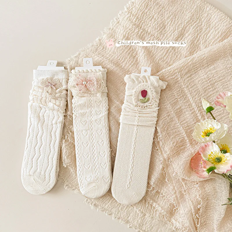 Calcetines a media pantorrilla finos de encaje blanco con lazo niñas - imagen 2