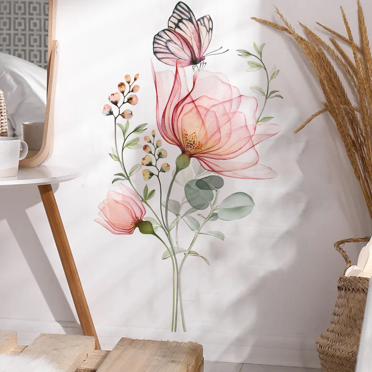 Vinilo decorativo pared acuarela con mariposas y hojas verdes - imagen 2