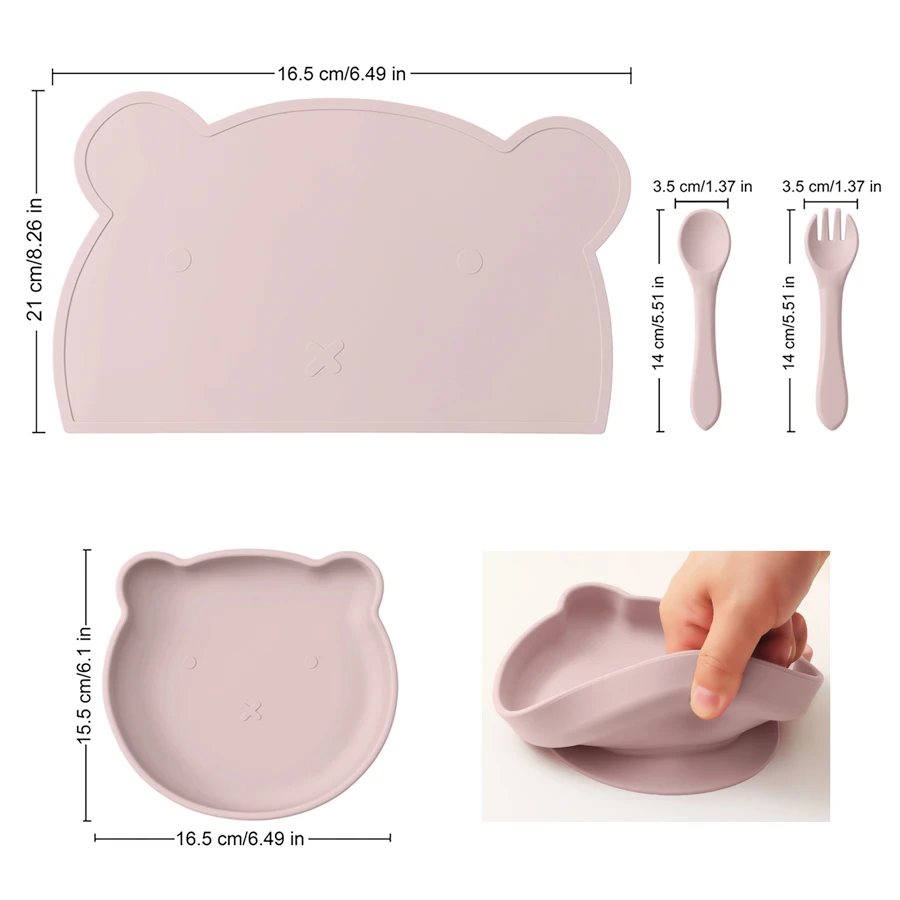 Vajilla silicona bebé: plato, cuchara, tenedor y mantel