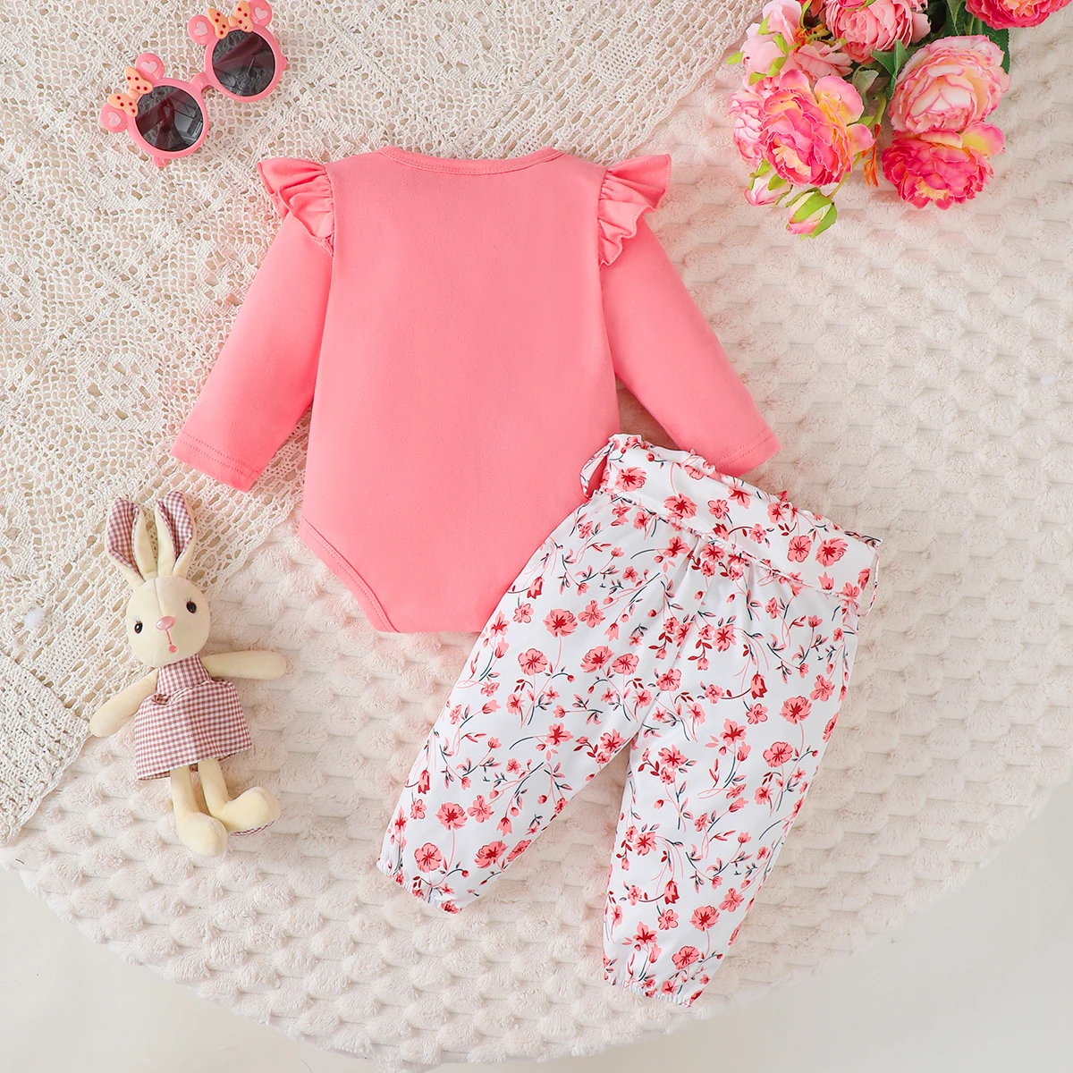 Conjunto bebé niña otoño mono conejo pantalones florales diadema - imagen 4