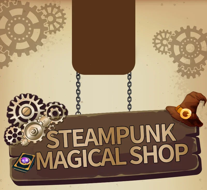 Escena steampunk urbana con detalles y estilo tienda mágica
