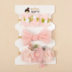 Diadema elástica de nailon con lazo floral rosa para bebé niña