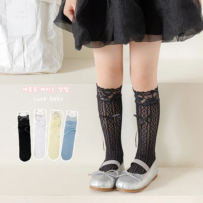 Calcetines altos jacquard retro con lazo de encaje transpirable - imagen 4