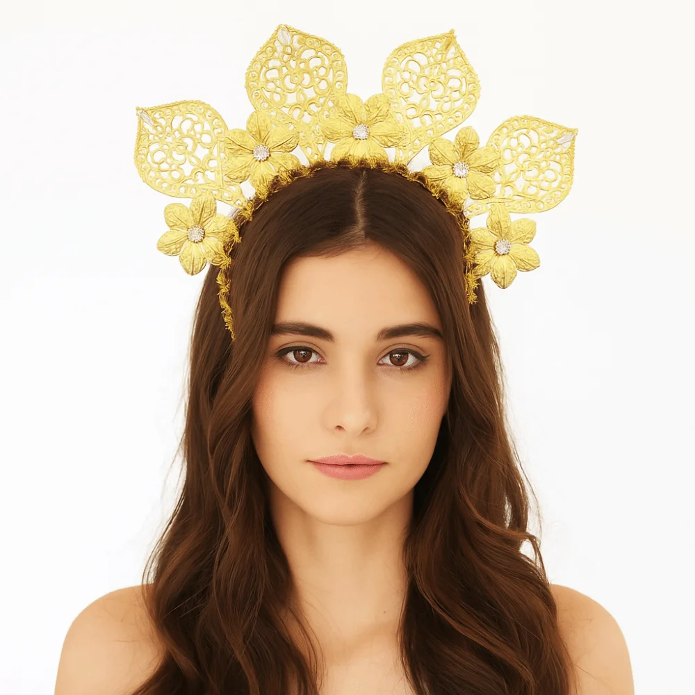 Diadema de flores para niña dorada estilo halo de diosa - imagen 4