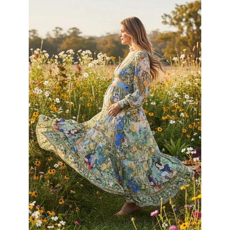 Vestido maxi boho floral de manga larga para sesión fotos embarazo - imagen 5