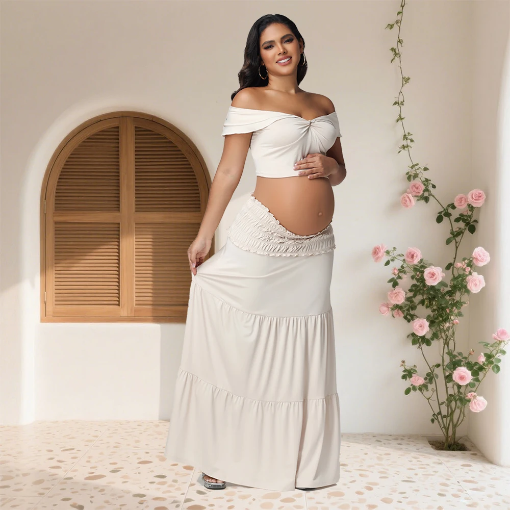 Conjunto maternidad fotos: top fruncido hombros descubiertos y falda - imagen 3