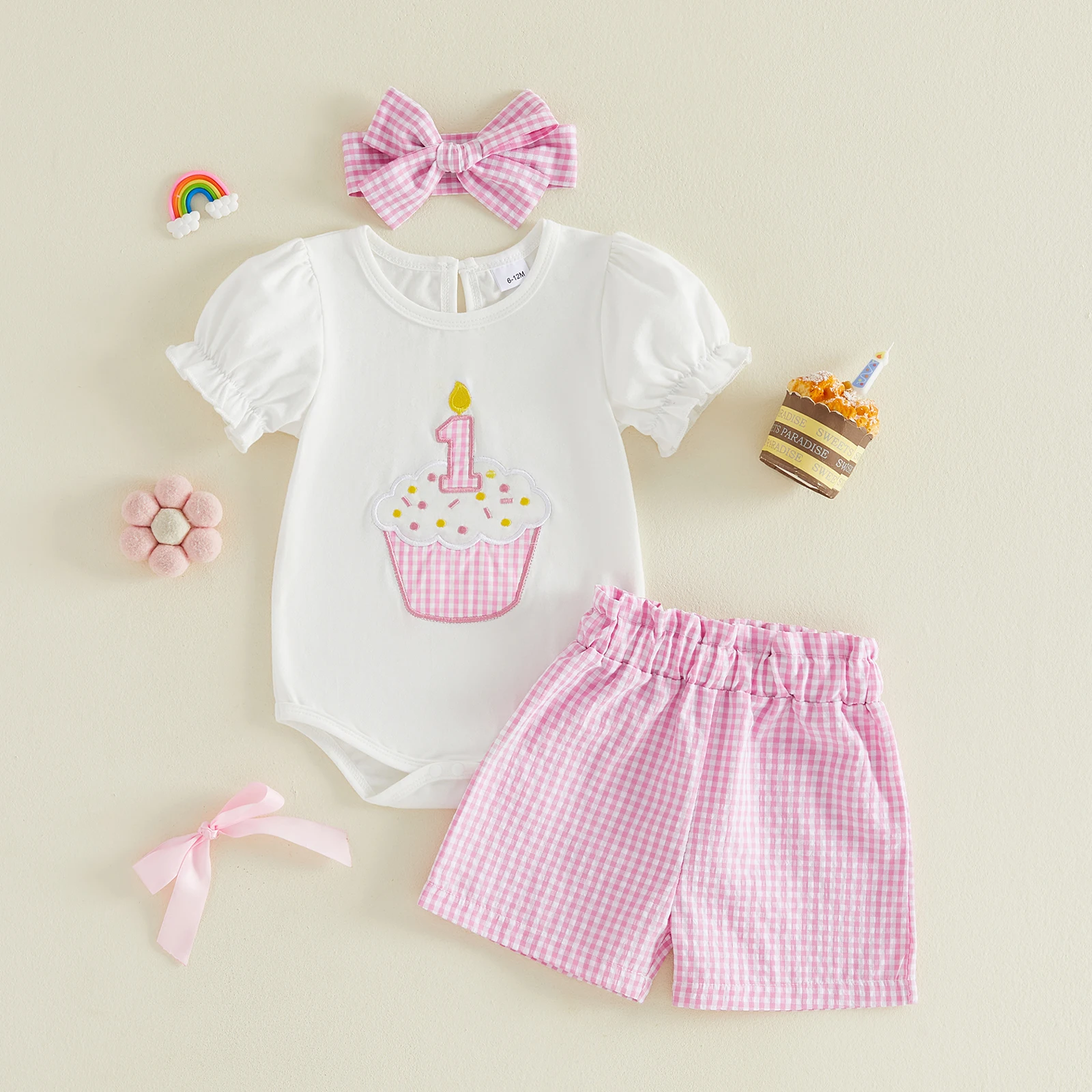 Pelele de bebé niña para cumpleaños con diadema, bordado y volante - imagen 2