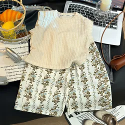 Conjunto de verano floral para niñas – Chaleco y pantalones anchos