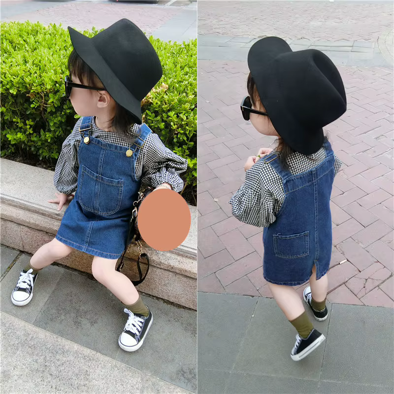Peto vaquero infantil para niña – Falda corta con tirantes - imagen 2