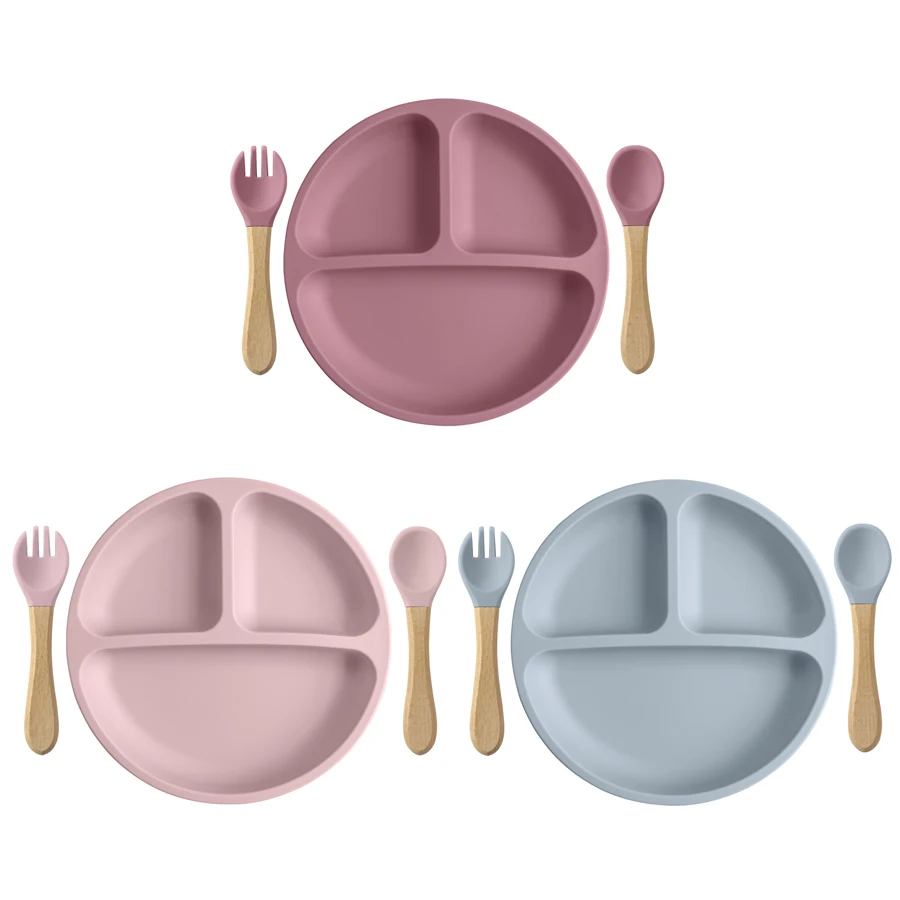 Vajilla de silicona para niños – plato con mango de madera
