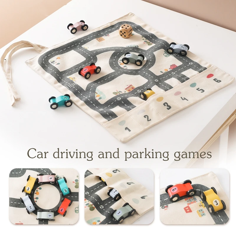 Tapete Montessori lona con mapa tráfico y coche madera para bebé - imagen 2