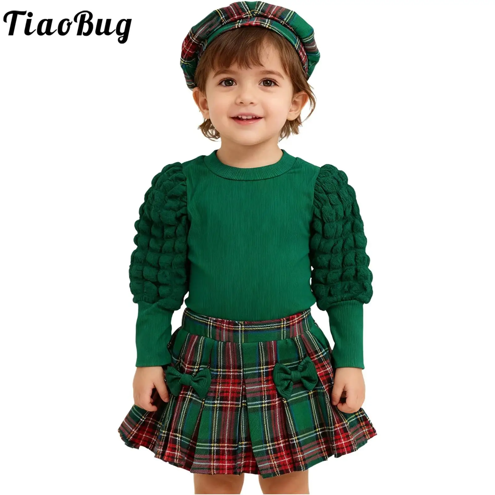 Traje navideño para bebé y niña con sombrero, falda a cuadros - imagen 2