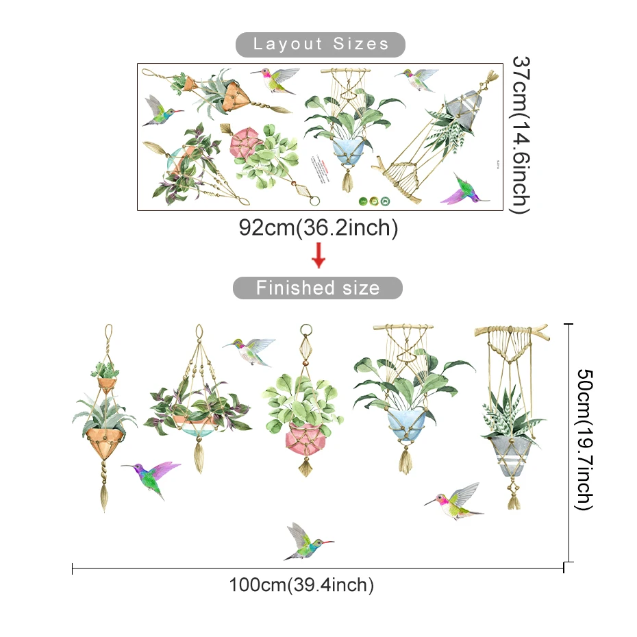 Pegatinas de pared con plantas y pájaros verdes acuarela para hogar - imagen 4