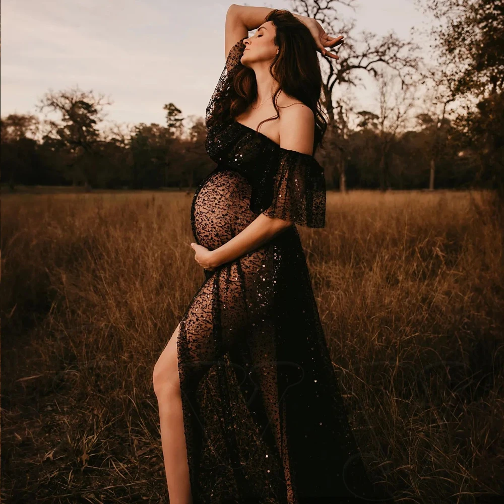 Vestido de maternidad para fotos con malla transparente y pedrería - imagen 5