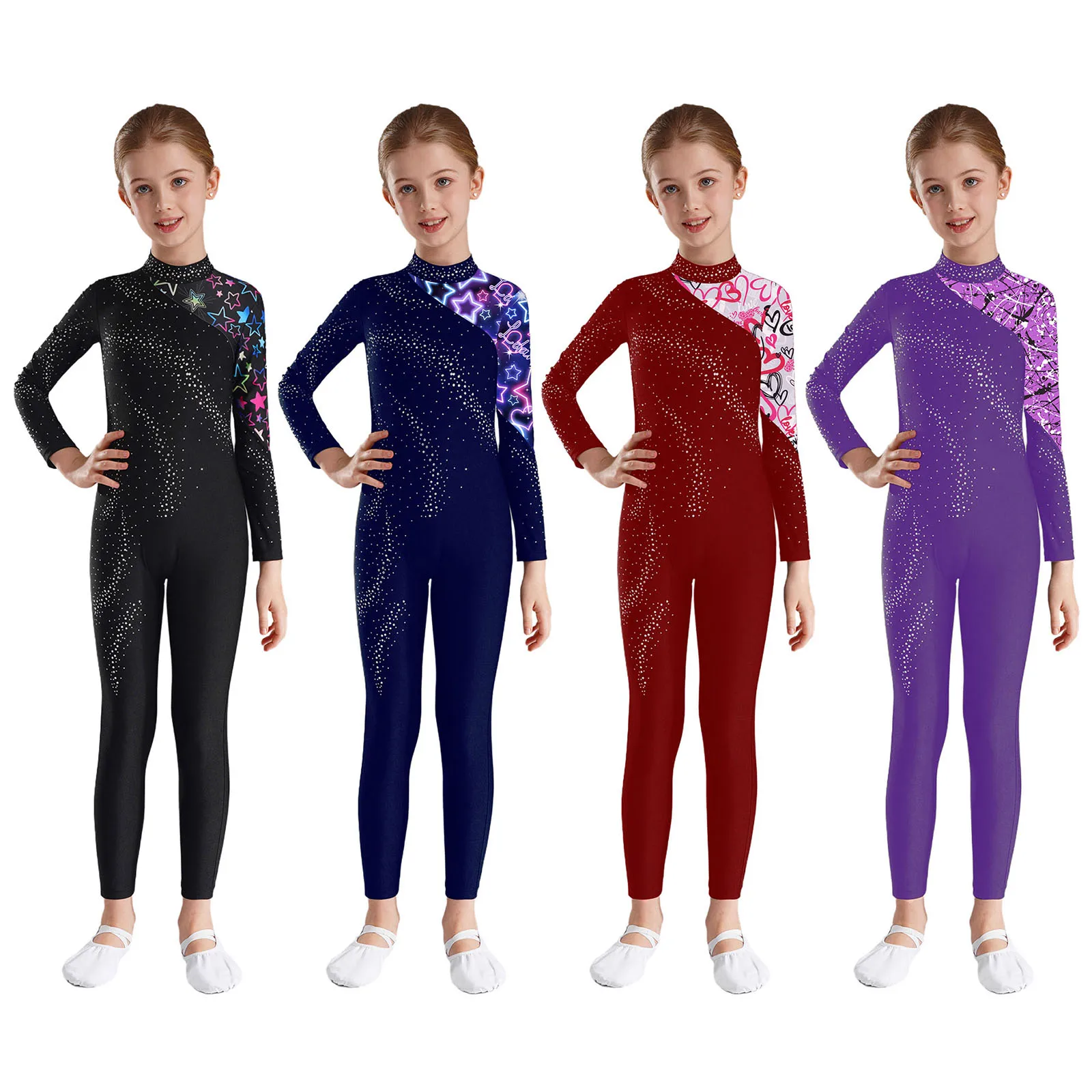 Traje de gimnasi­a rítmica con pedrería y manga larga para niños