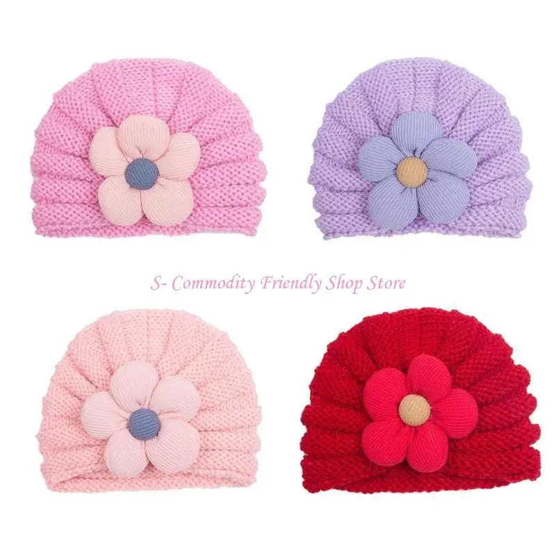 85AE Gorro de punto bebé cálido con flores, lana transpirable - imagen 3