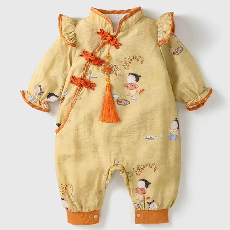 Mameluco bebé de algodón estampado manga larga estilo chino