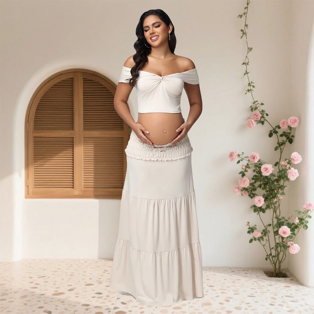 Conjunto maternidad fotos: top fruncido hombros descubiertos y falda - imagen 4