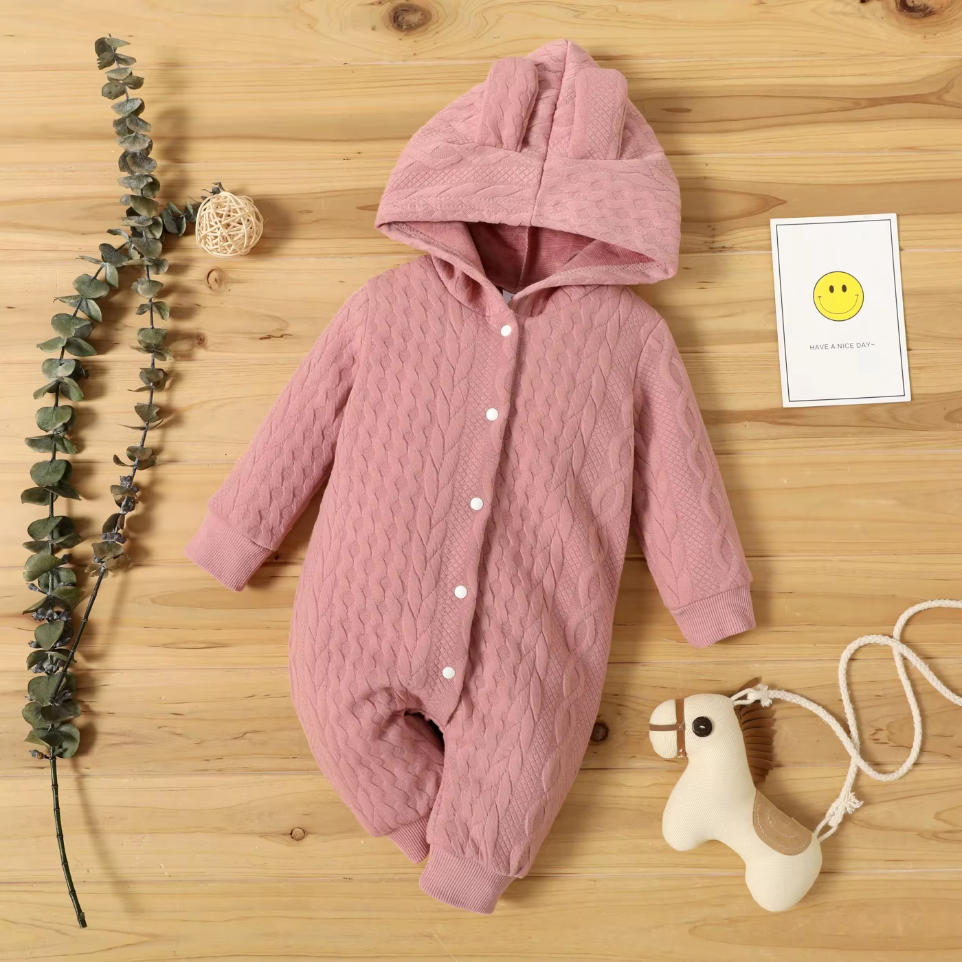 Mameluco de otoño-invierno con capucha y orejas para bebé suave - imagen 3