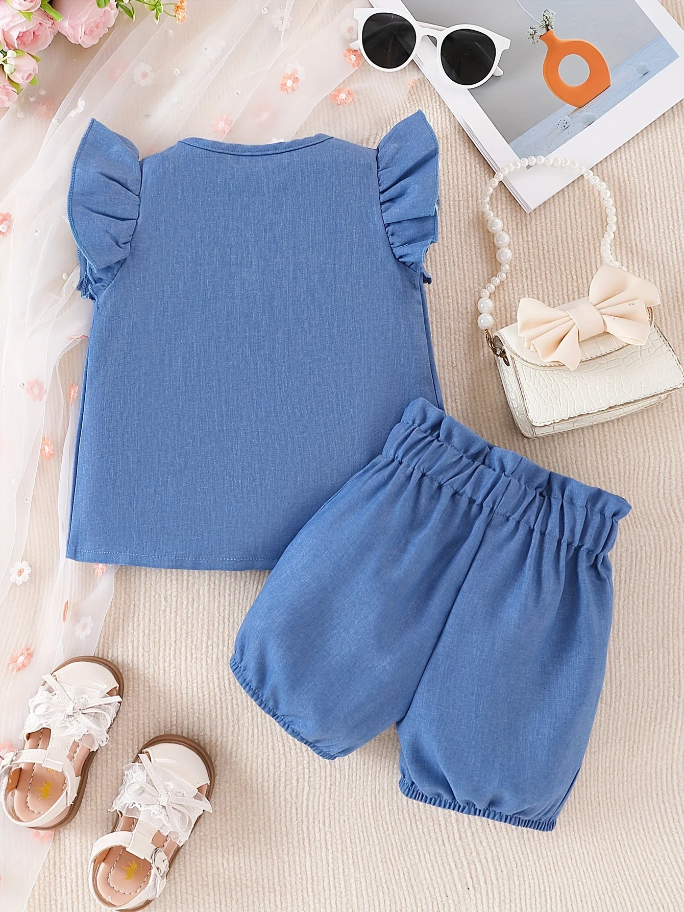 Conjunto verano niña: cárdigan vaquero manga globo y pantalón corto - imagen 2