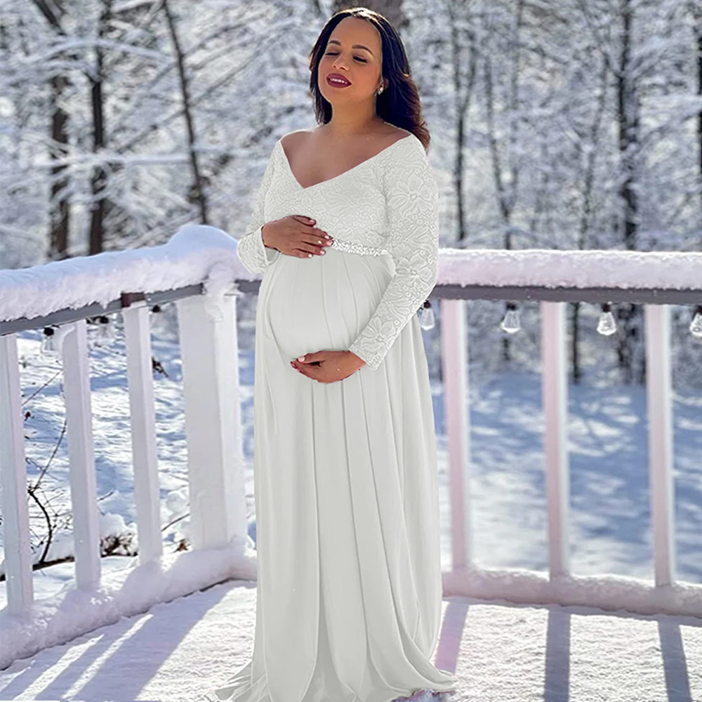 Vestido de encaje premamá con cuello en V manga larga para fotografía - imagen 3