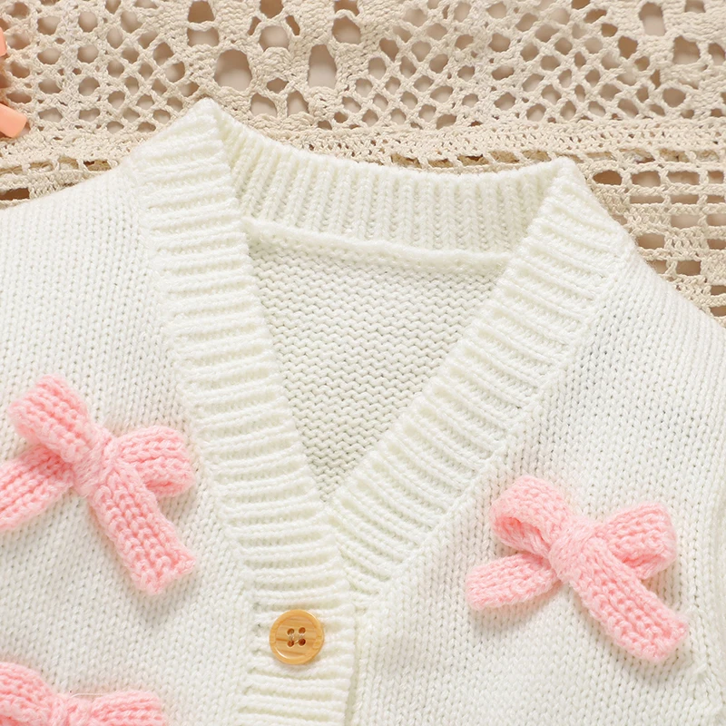 Suéteres de invierno para niñas en punto con lazo rosa y botones - imagen 2