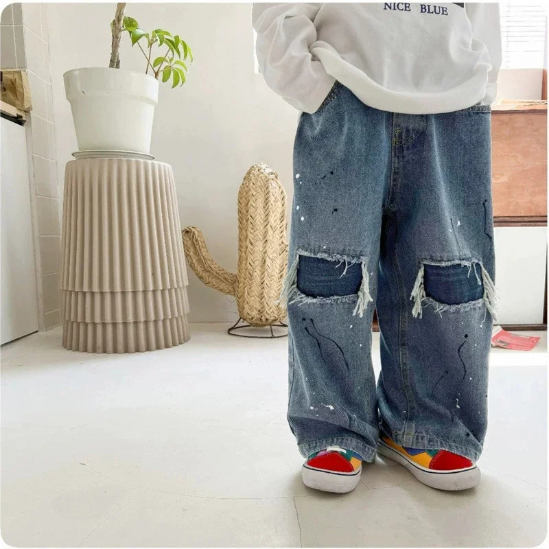 Vaqueros de pierna ancha para niños con agujeros estilo casual - imagen 5