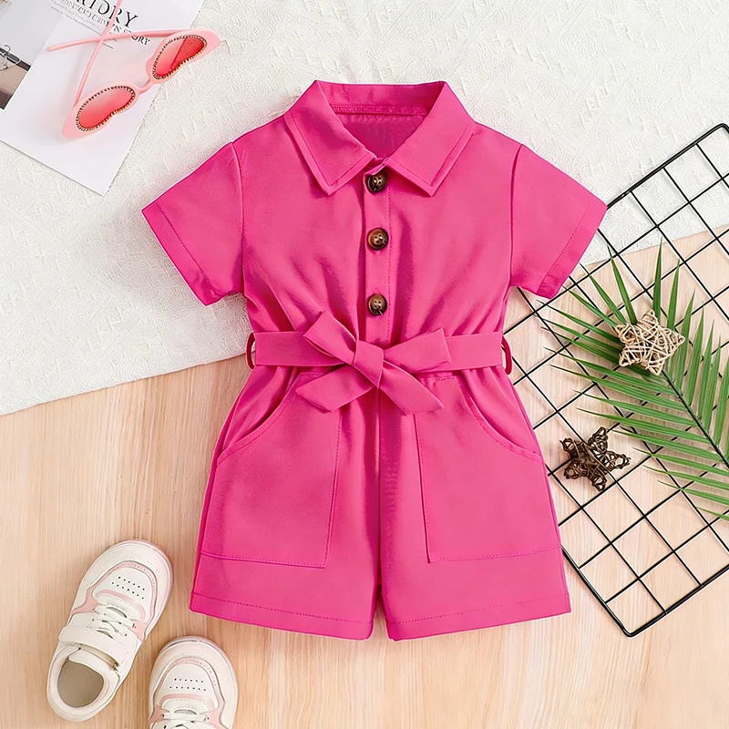 Vestido infantil rojo rosa con cinturón y botones frontales