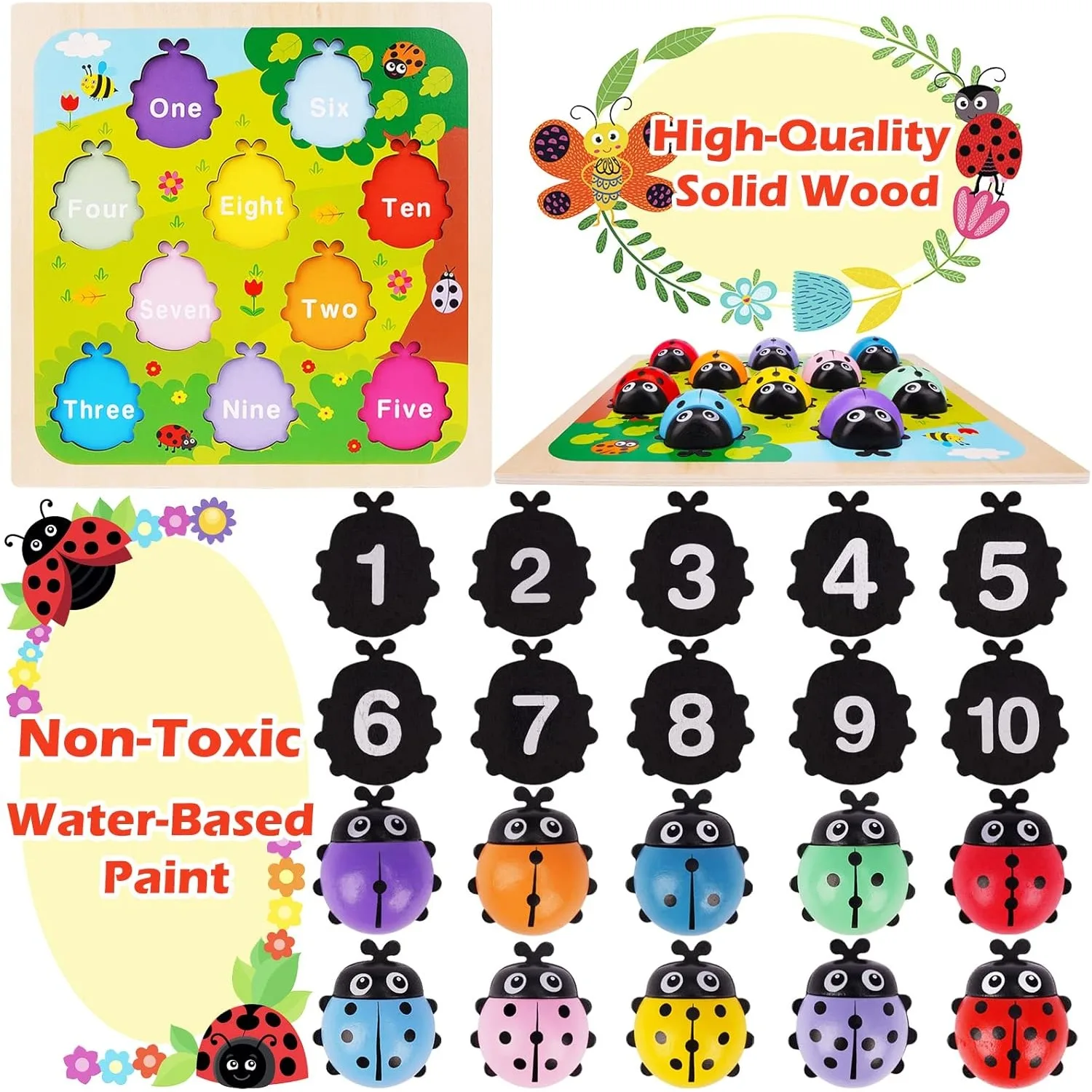 Juego de conteo de mariquitas de madera Montessori