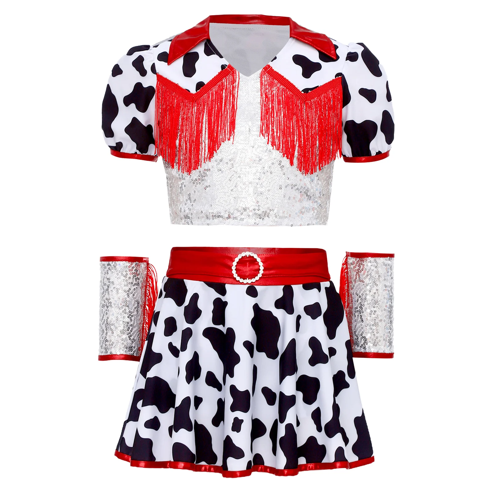 Disfraz vaquera niña con lentejuelas flecos estampado de vaca - imagen 5