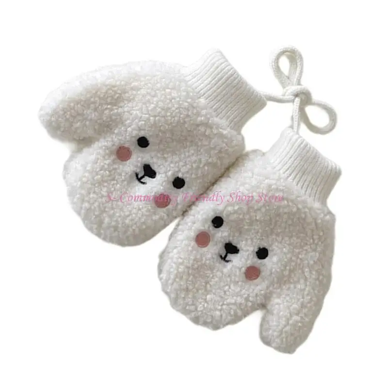 Guantes infantiles con forro y diseño de oso, correa para el cuello