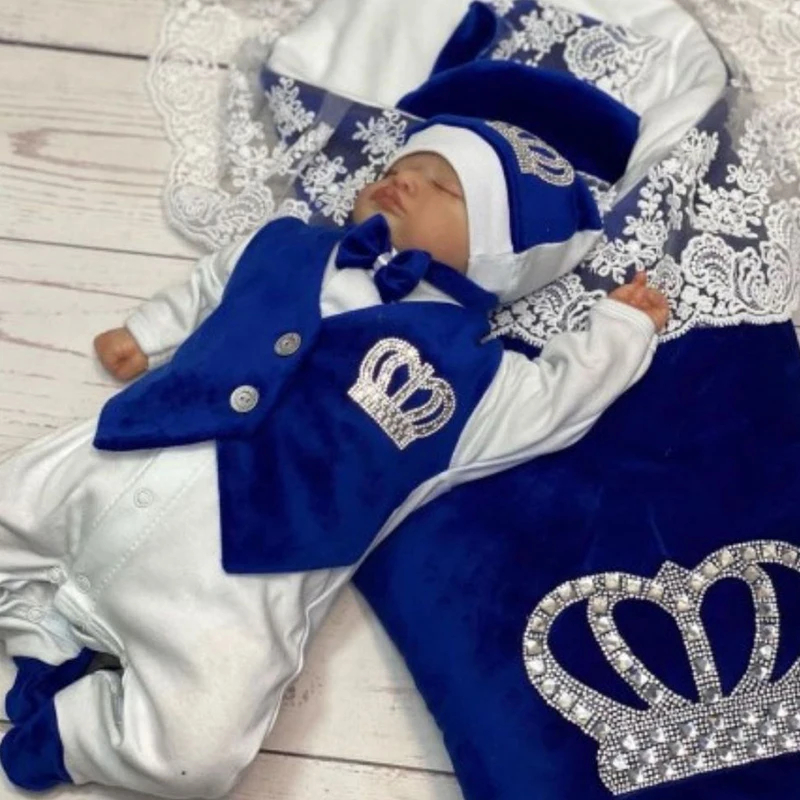 Dollbling conjunto de mameluco terciopelo azul real para bebé - imagen 4