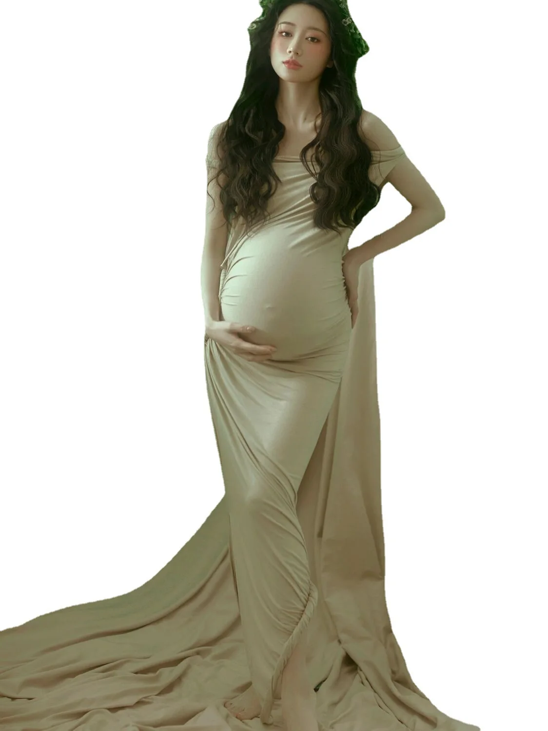 Vestido de maternidad elástico cómodo con hombros descubiertos - imagen 4