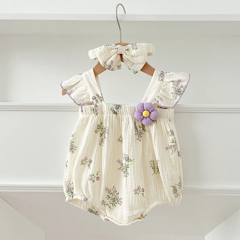Body de lino con volantes floral para bebé con diadema - imagen 5