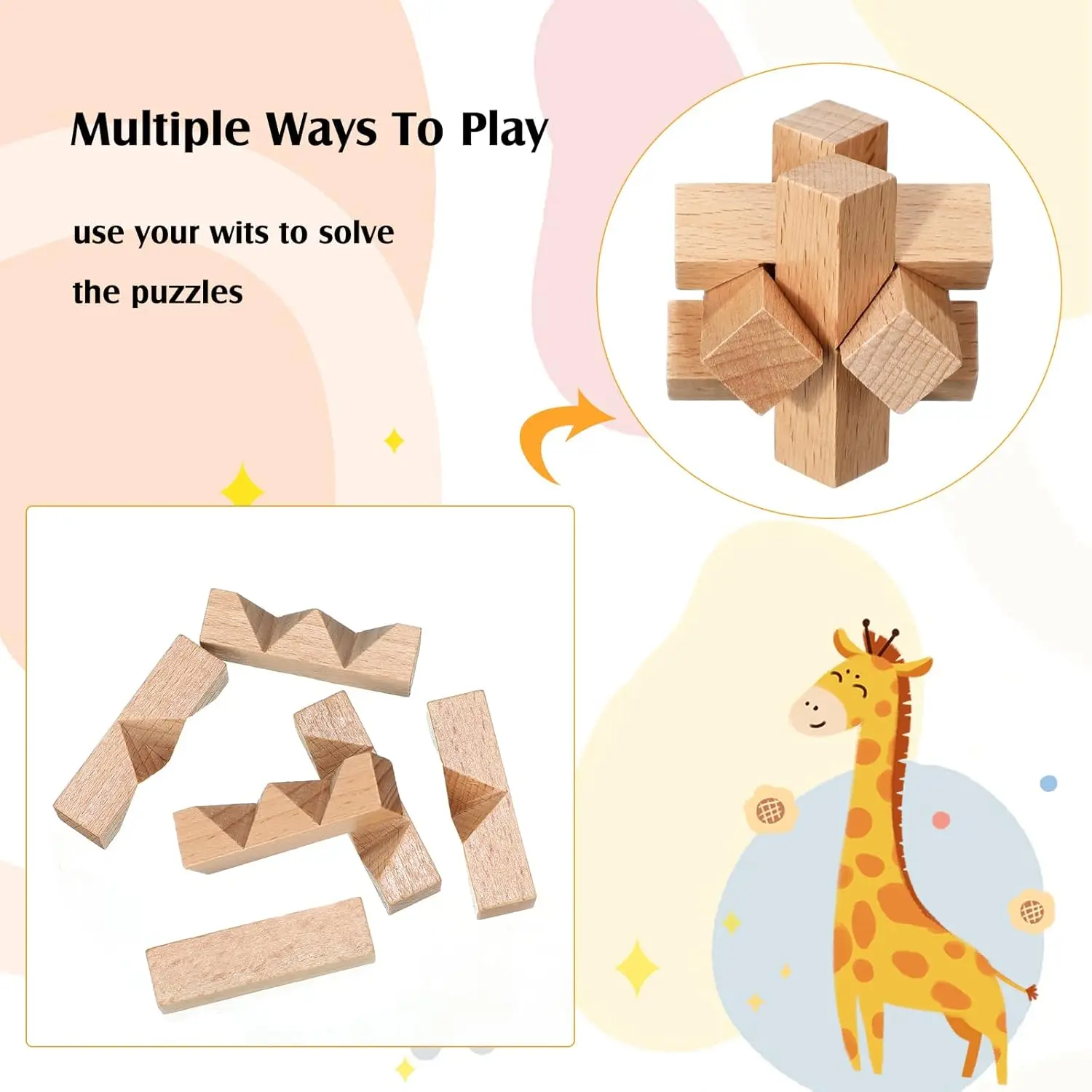 Kong Ming Luban Lock rompecabezas educativo 3D de bambú matemáticas - imagen 4