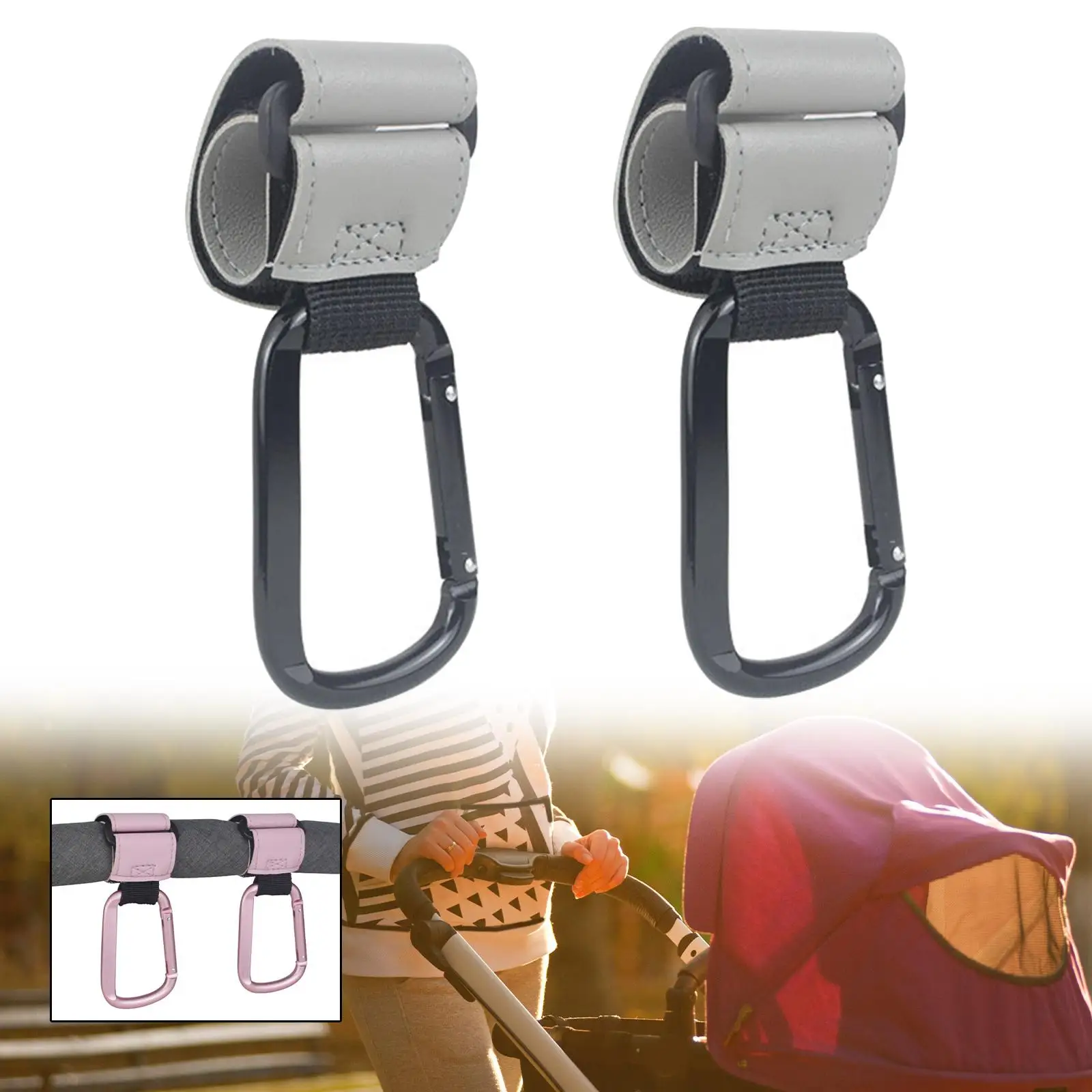 Organizador para cochecito con gancho de cuero PU ajustable - imagen 2