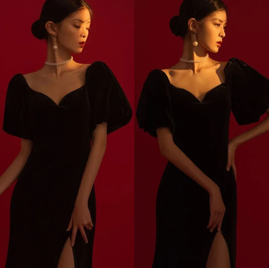 Vestido de embarazo negro elástico maxi con abertura lateral Siamese - imagen 5
